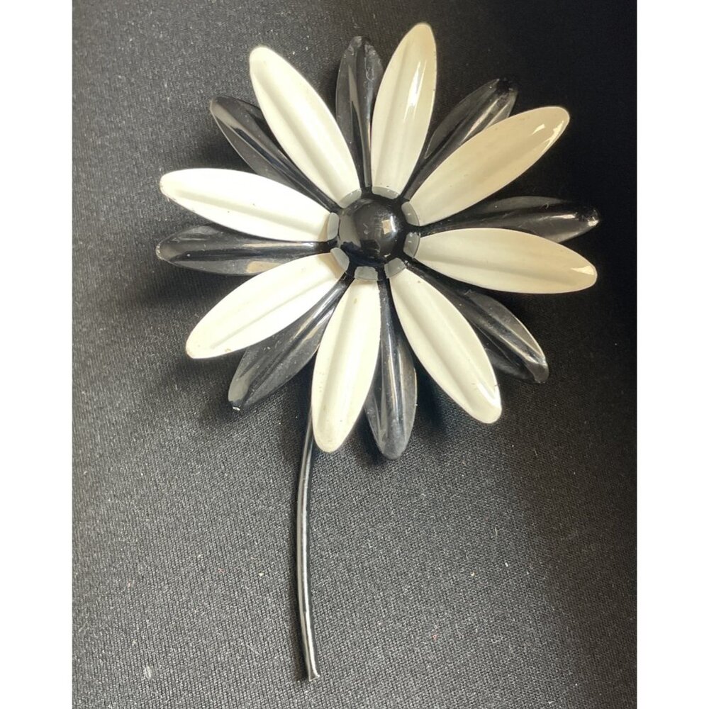 Black White Enamel Flower Brooch Metal Mod Floral Pin Vintage Jewelry 4”